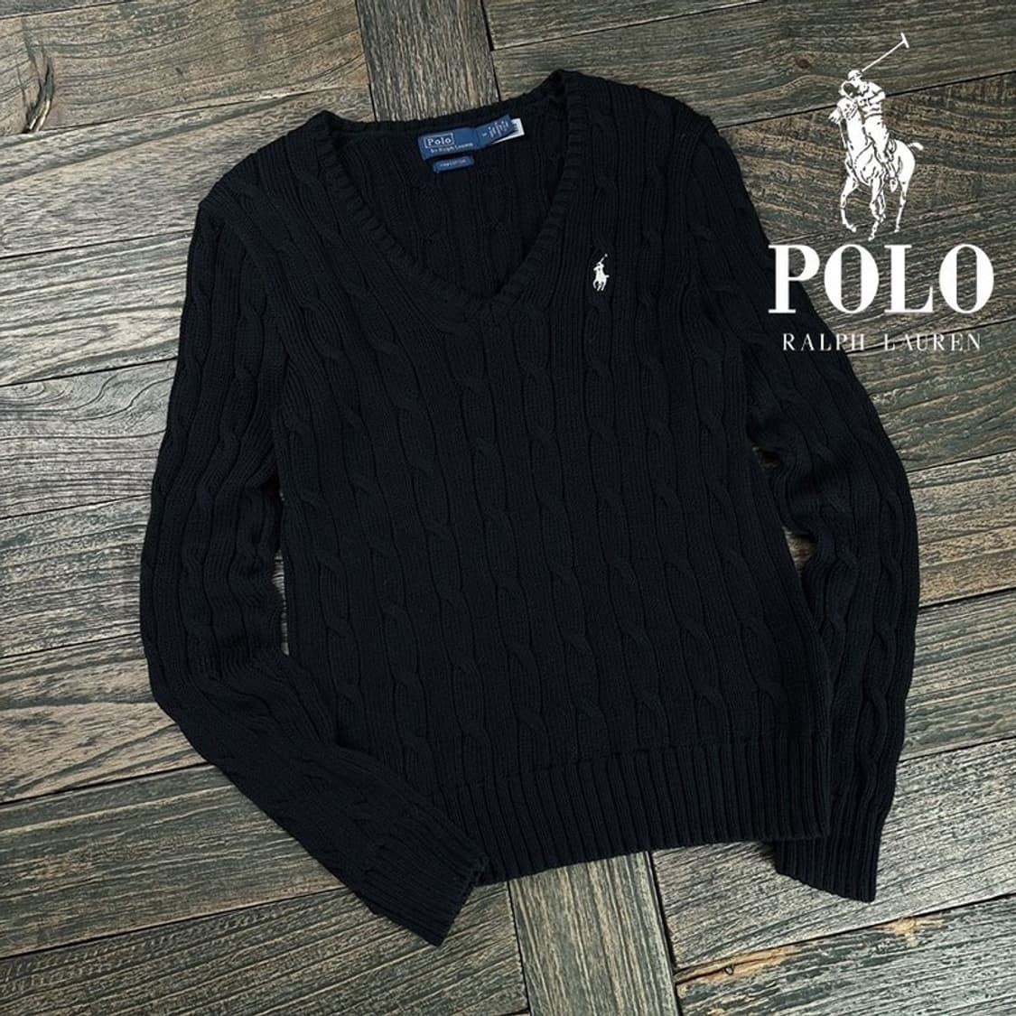 [폴로 랄프로렌] 포니 로고 자수 브이넥 케이블 니트 블랙 M19692 상품이미지1