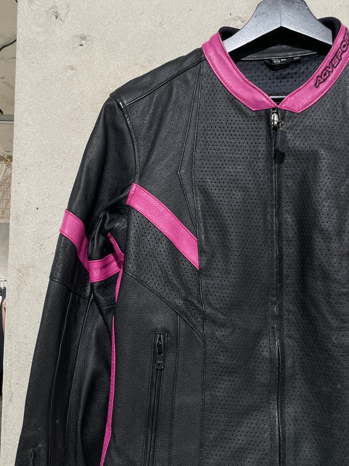 AGV 스포츠 블랙 핑크 파이핑 바이커 레더 자켓 상품이미지2
