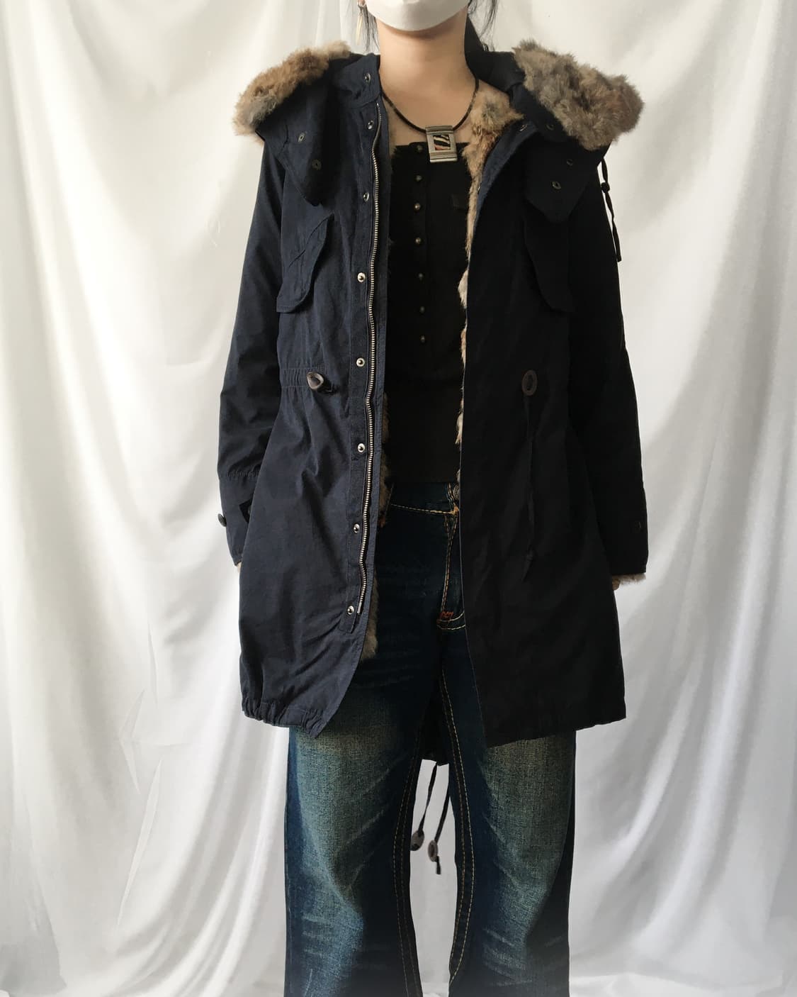 Fake fur point navy filed jacket 상품이미지6
