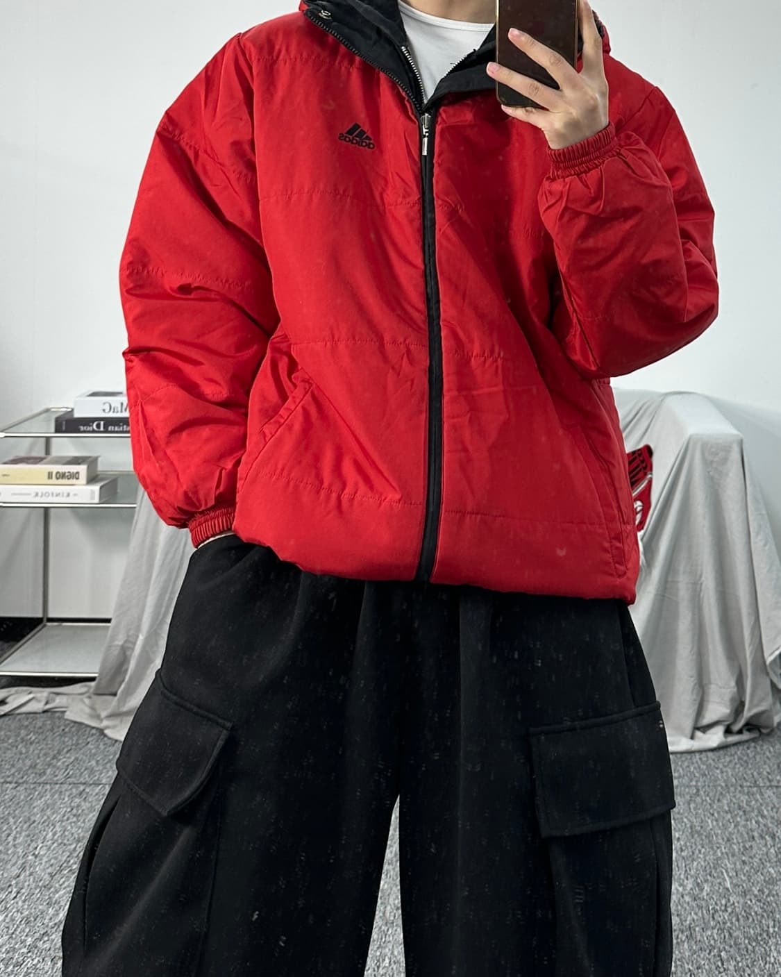 아디다스 블랙 레드 리버시블 빅로고 후디 점퍼 95 상품이미지6