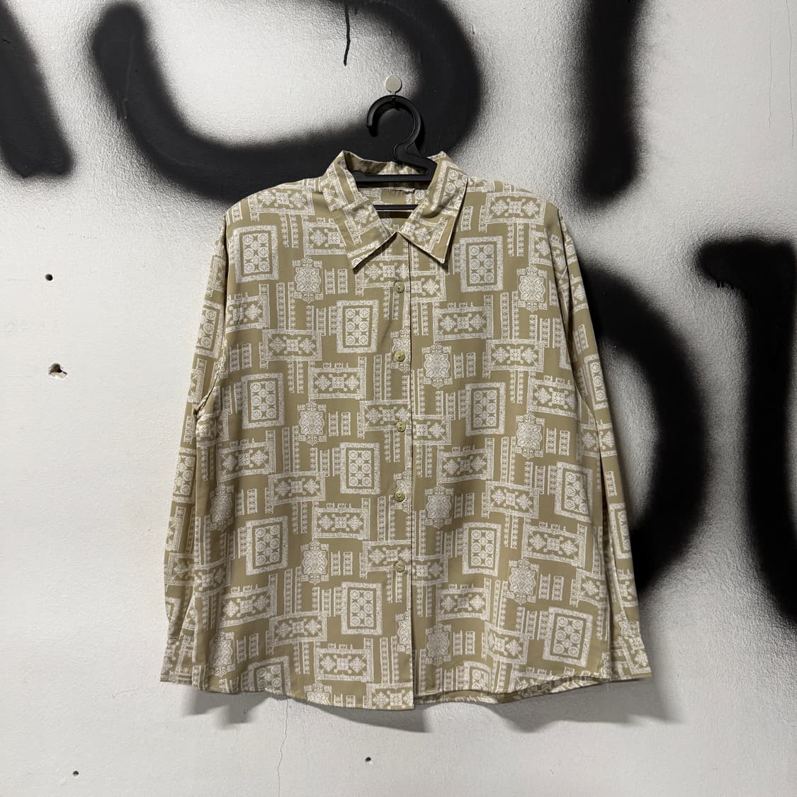 VTG 빈티지 에스닉 마오리 풀 패턴 폴리 긴팔 셔츠 상품이미지1