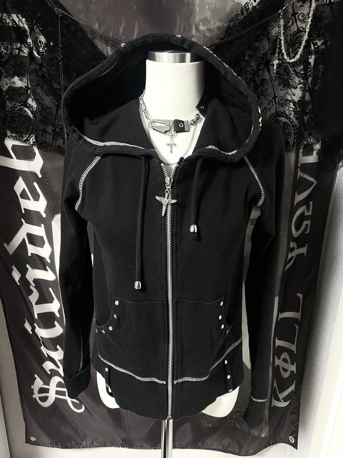 00s Vkei Cross hoodie 스터드십자가슬림후드집업핀터크롬깔 상품이미지3