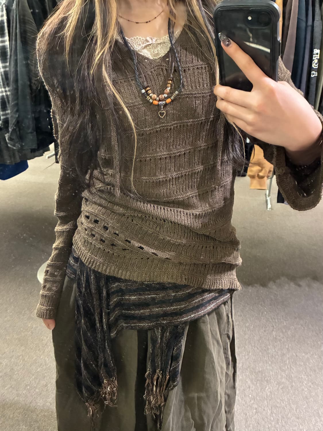 OS)Japanese vintage 여성 루즈핏 크로셰 브라운 v넥 니트 상품이미지2