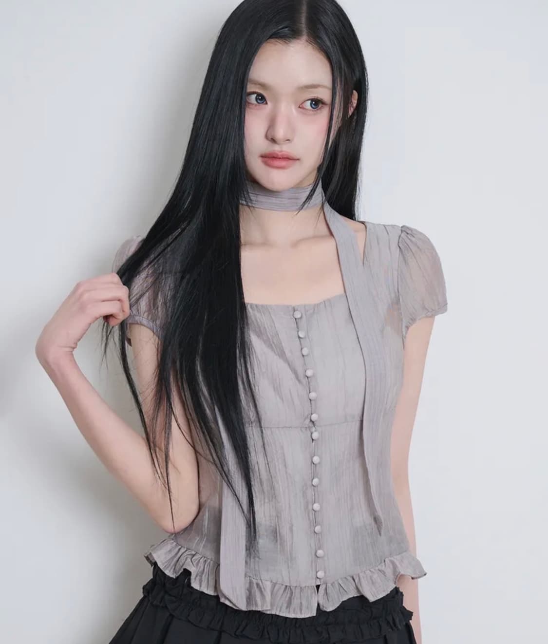 일리고 리본 타이 스퀘어넥 블라우스 그레이 m 상품이미지1