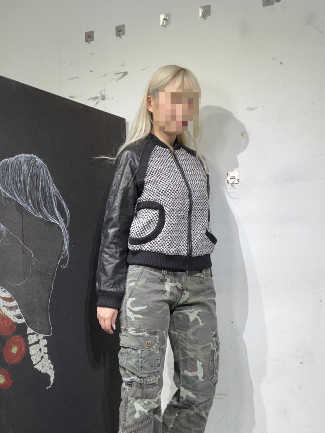 랑방 모노크롬 트위드 레더 가죽자켓 블루종 36 상품이미지5