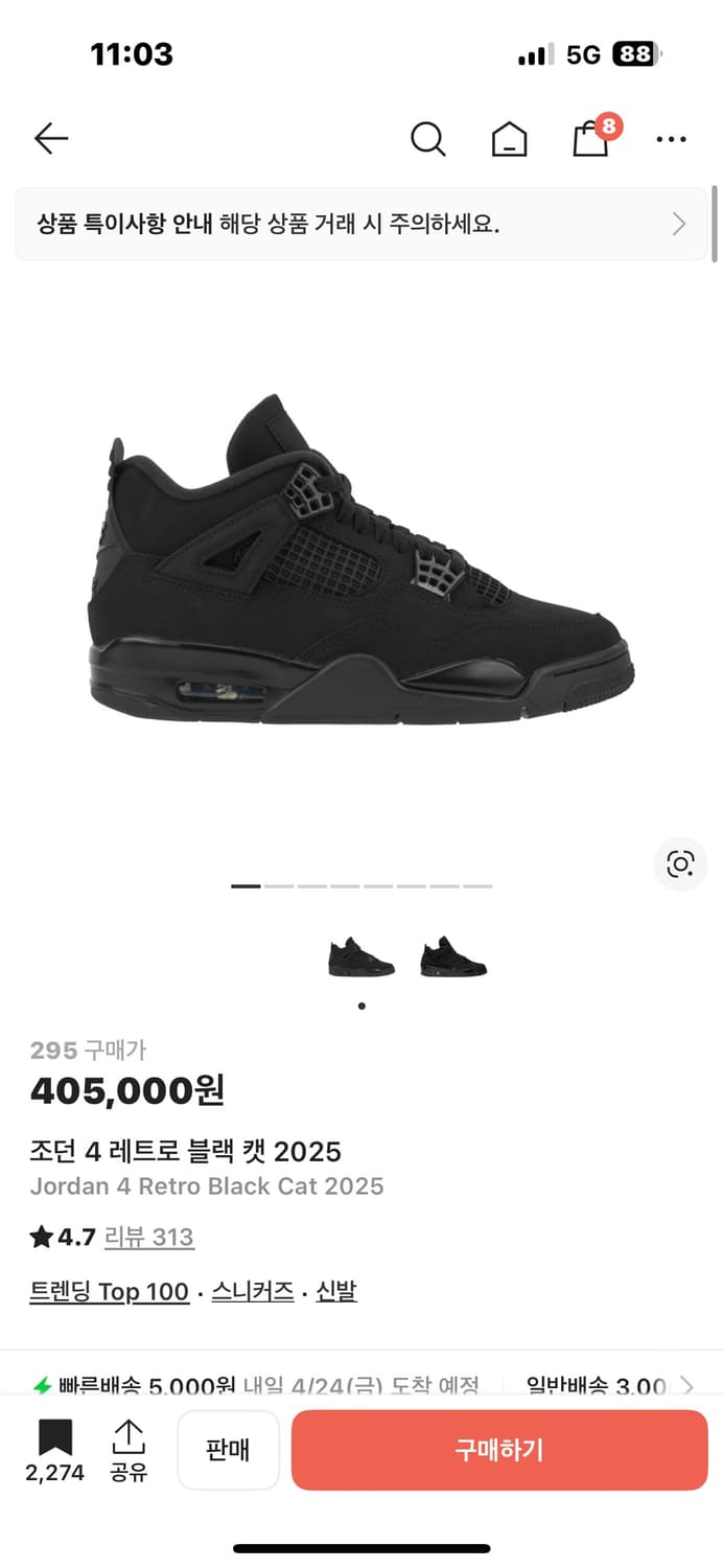 295 나이키 조던4 블랙캣 상품이미지1