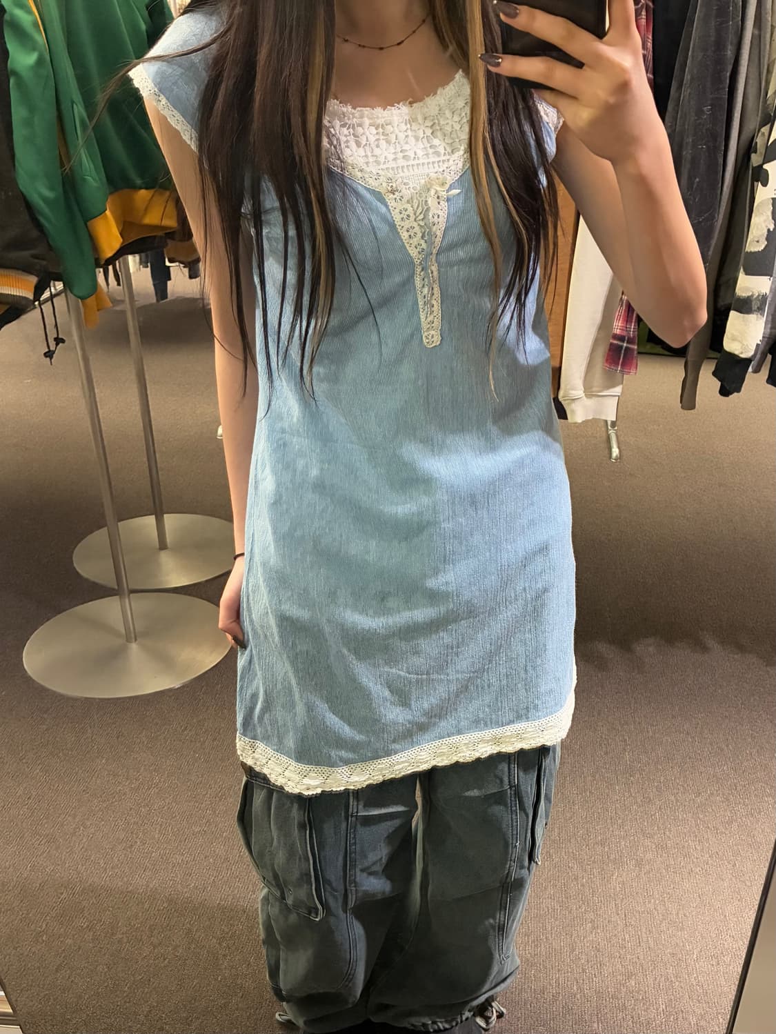 M)Japanese vintage 스카이 블루/화이트 레이스 나시 원피스 상품이미지3