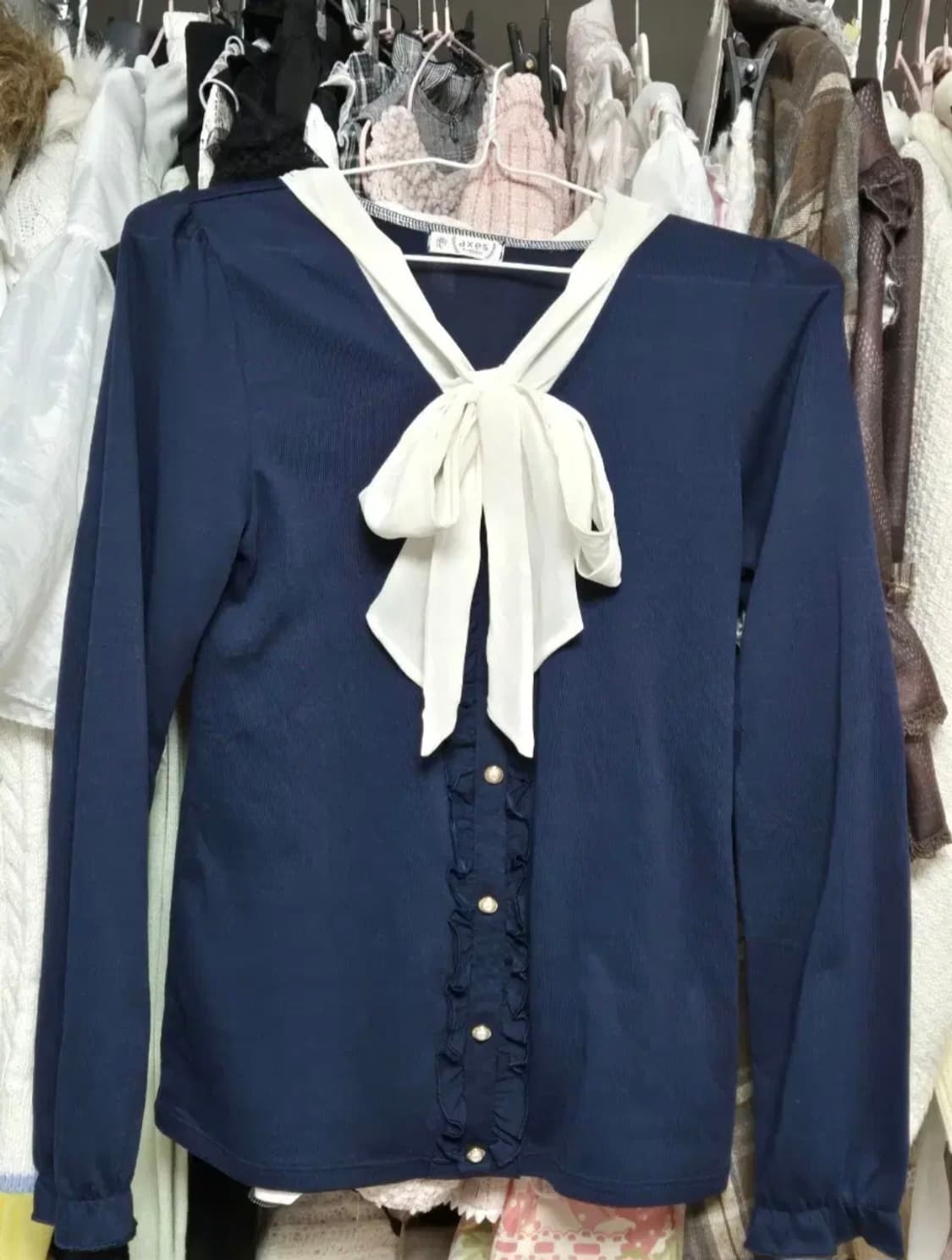 axes femme 엑시즈팜 리본 블라우스 네이비 러블리 히메갸루 빈티지 상품이미지1