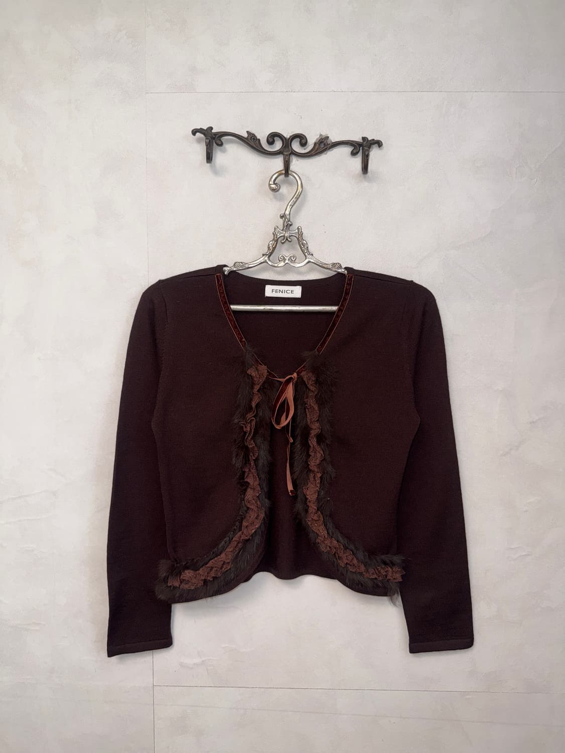 Brown rabbit fur trimming wool cardigan 상품이미지1