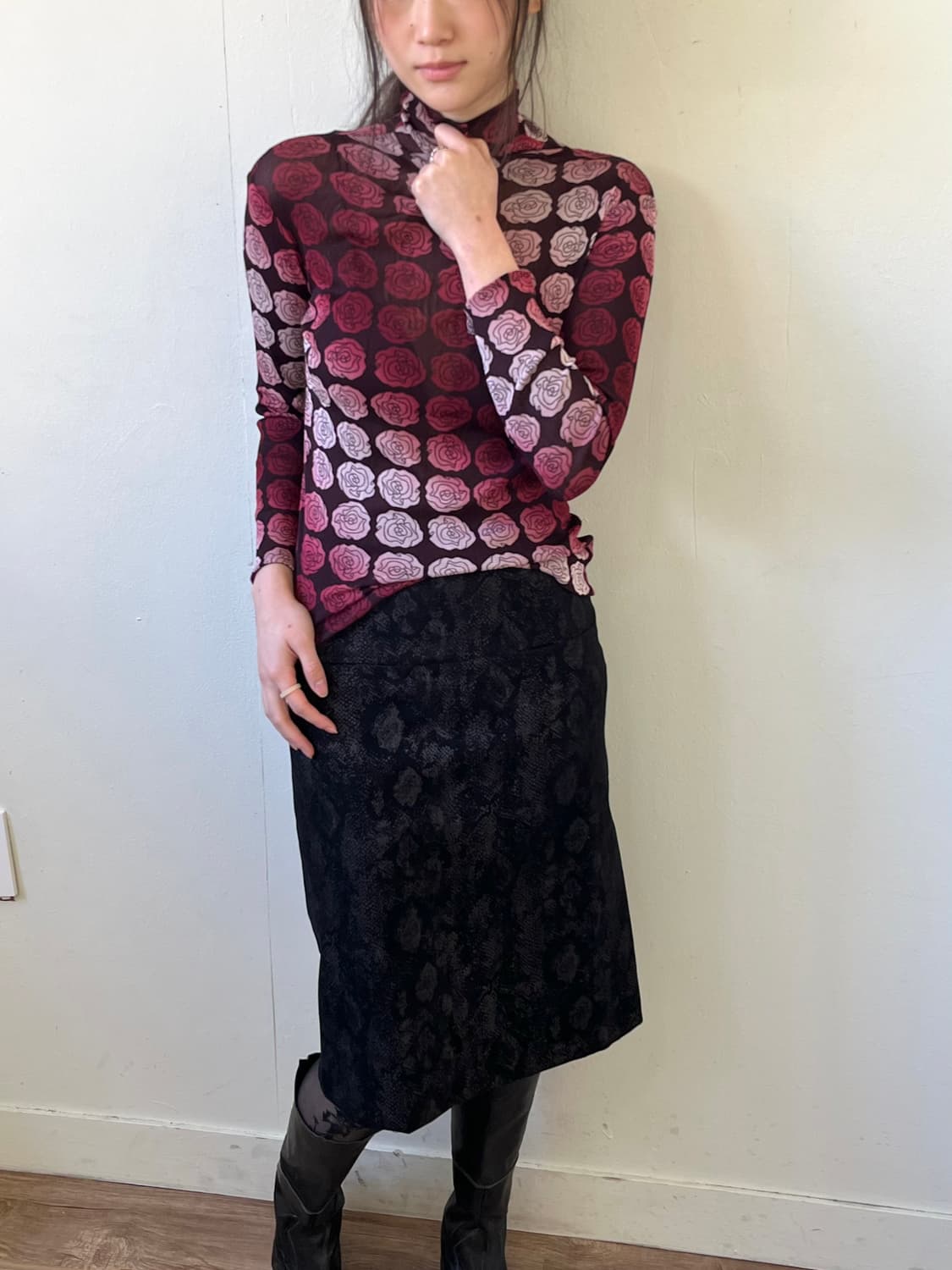 Japan vtg 로즈 시스루 터틀넥 상품이미지6