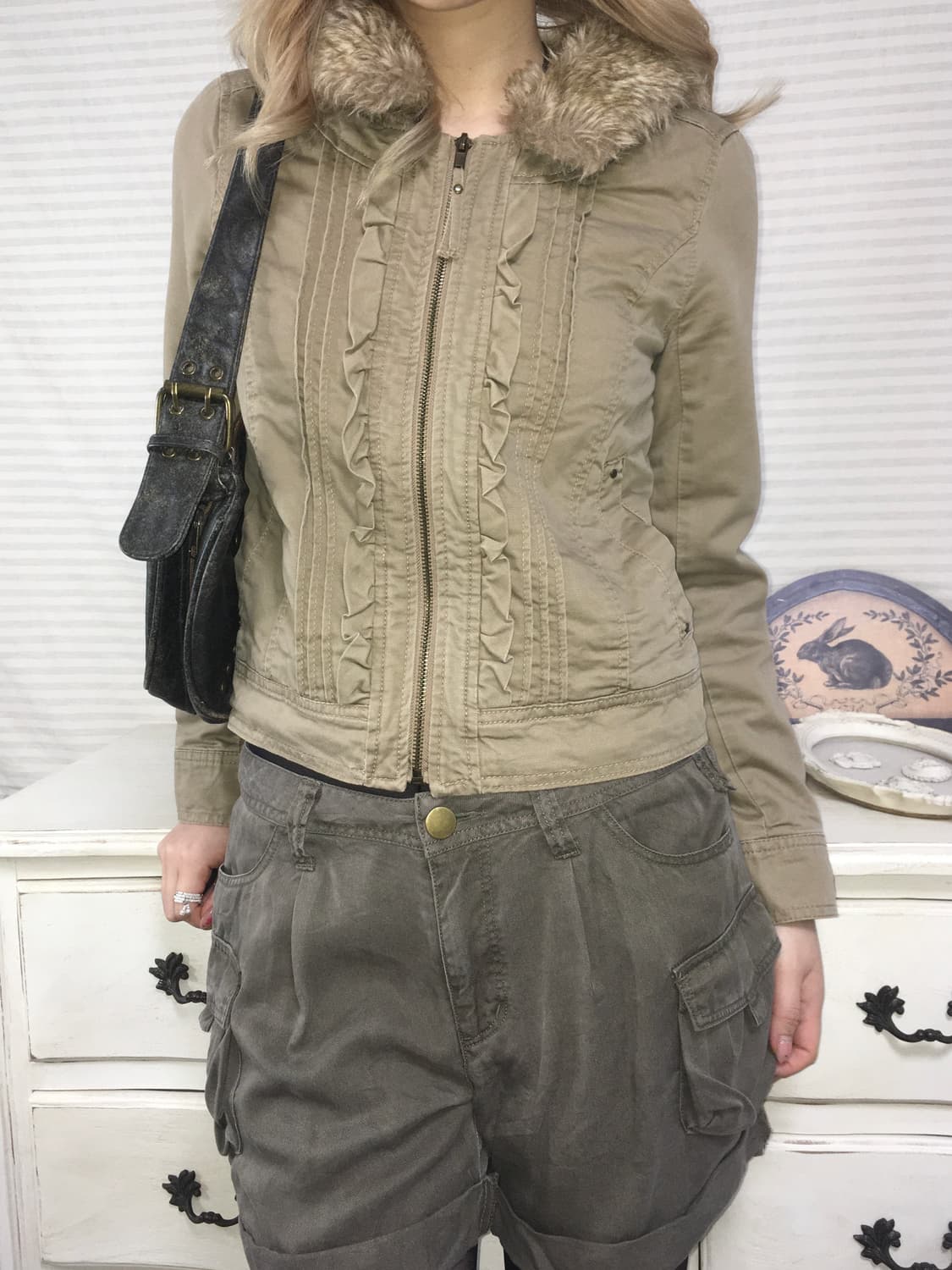 jpn vintage khaki brown frill fur jacket 상품이미지2