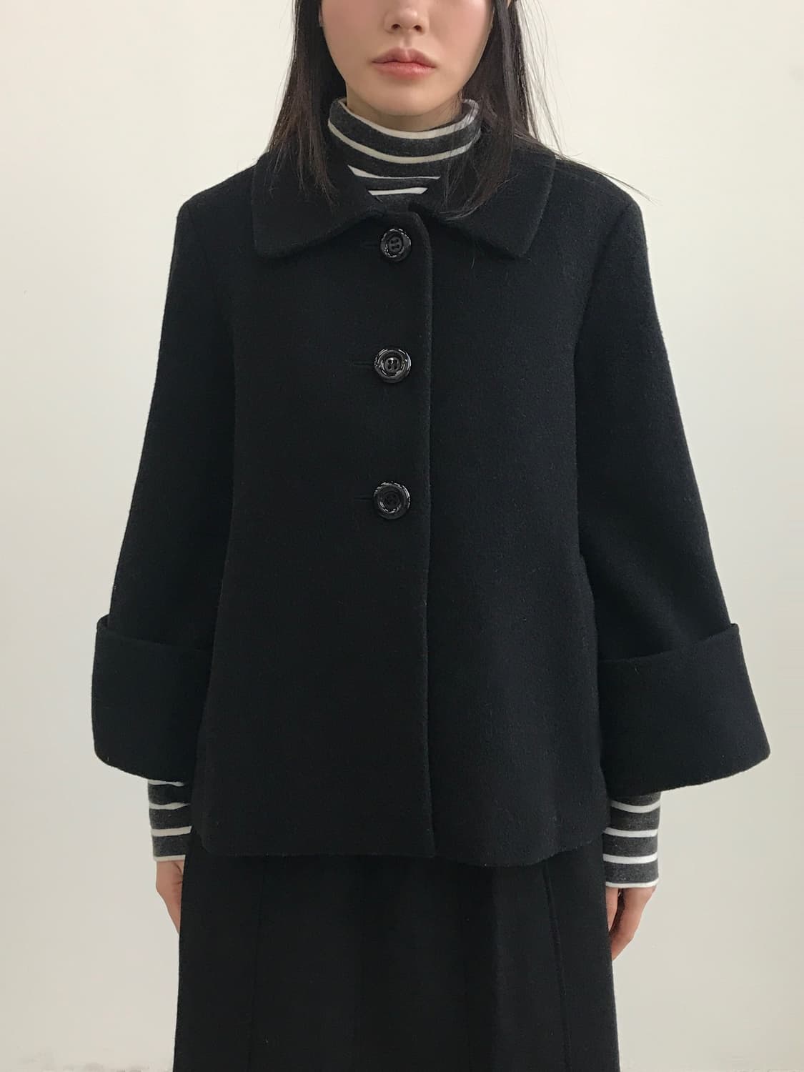 Jpn Minimal Black Wool Blend Half Coat 상품이미지2
