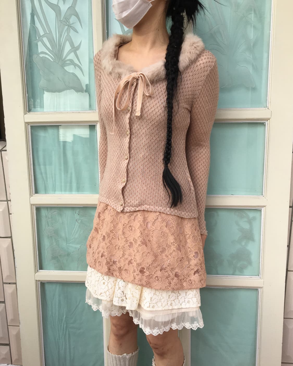 Lest rose fake fur trimming knit cardiga 상품이미지1