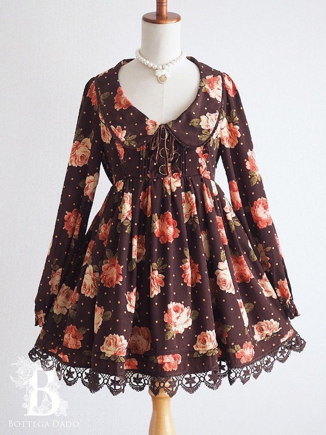 리즈리사 플로럴 장미 도트 땡땡이 브라운 원피스 라떼 히메 갸루 러블리 상품이미지2