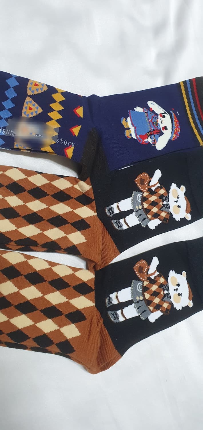 네이비 브라운 고양이 체크 양말 상품이미지7