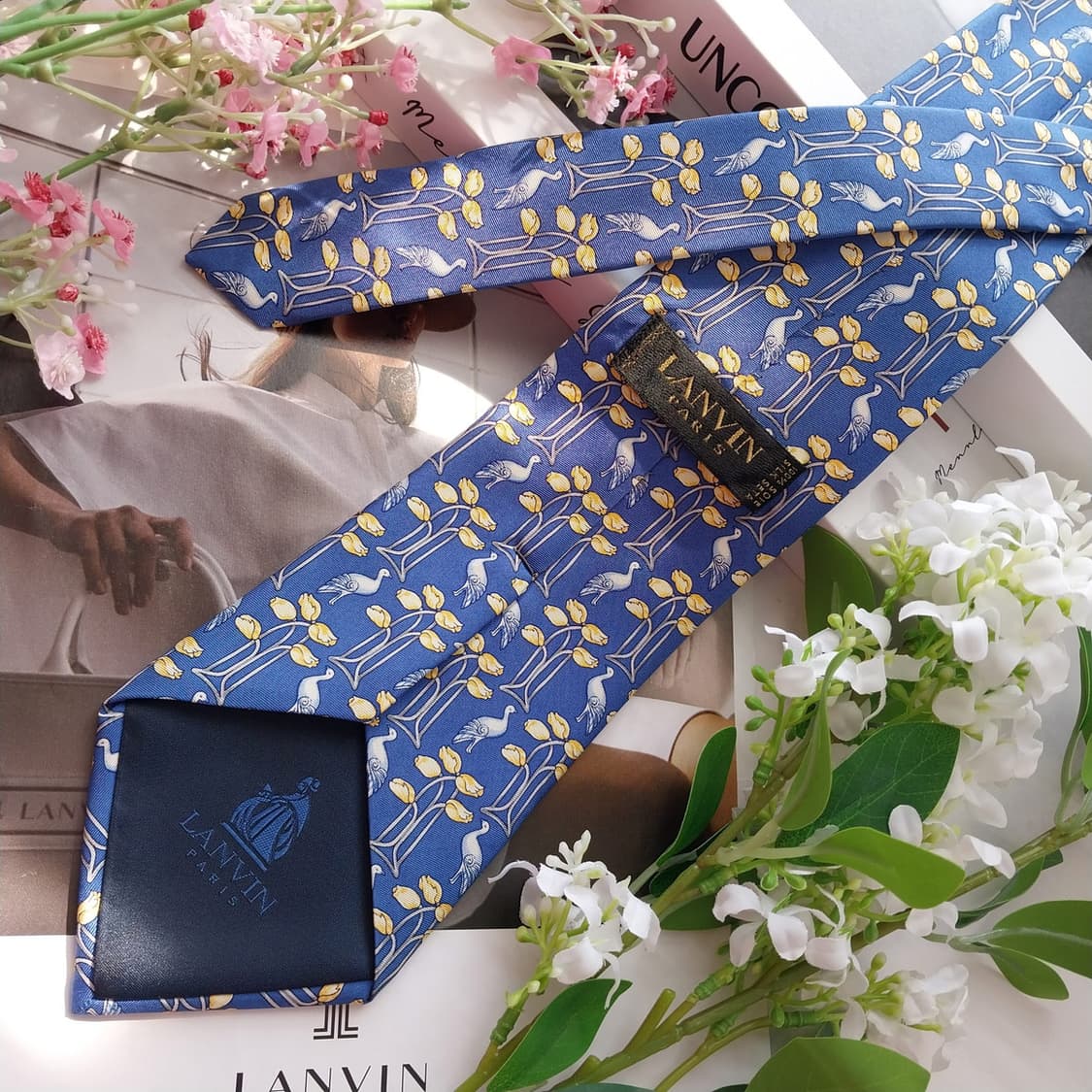 랑방 블루 버드 플라워 패턴 넥타이 9.5cm A+~A등급 K2413 상품이미지5