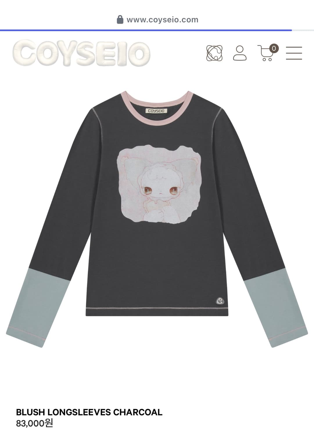 코이세이오 티셔츠 BLUSH LONGSLEEVES CHARCOAL 상품이미지1