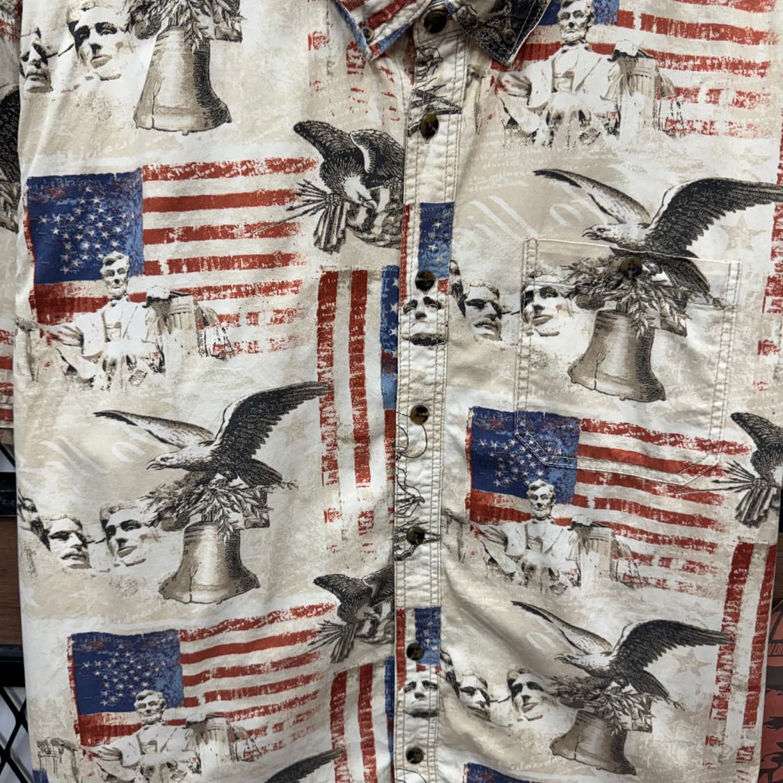 00s USA VINTAGE 반팔 셔츠 전후면 성조기 프린팅 아이보리 상품이미지5