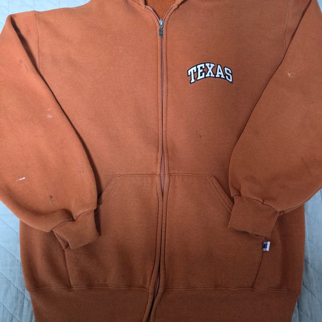 [L] 90s 러셀 애슬레틱 텍사스 후드집업 오렌지 페인팅 상품이미지2