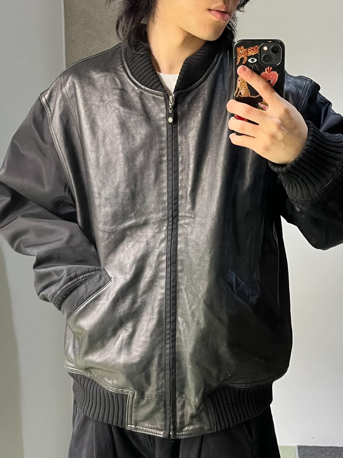 Vaziie 스포츠 카우보이 베어 나일론/레더 램스킨 레더 자켓 상품이미지4