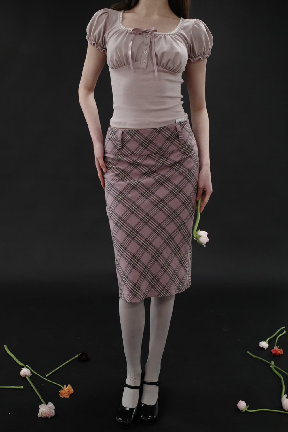 드라이로즈 체크 미디 스커트 상품이미지1