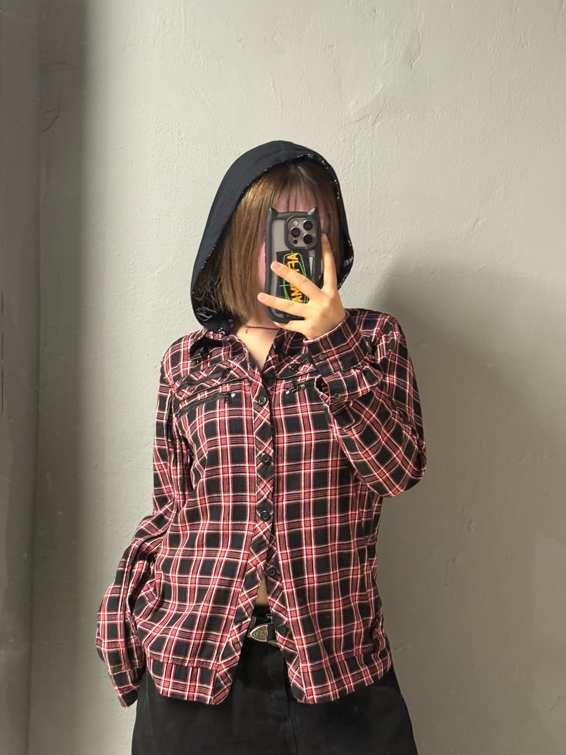 red check zipper detail hood shirt 상품이미지5