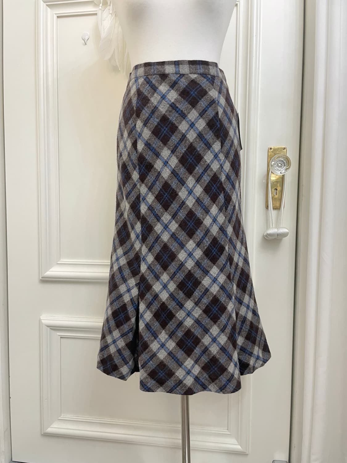brown blue check wool pleats skirt 상품이미지5