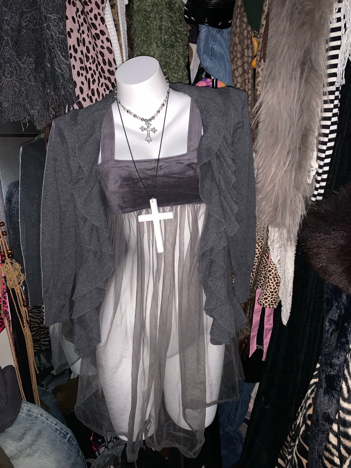 y2k 모리 딥그레이 프릴 가디건 상품이미지1