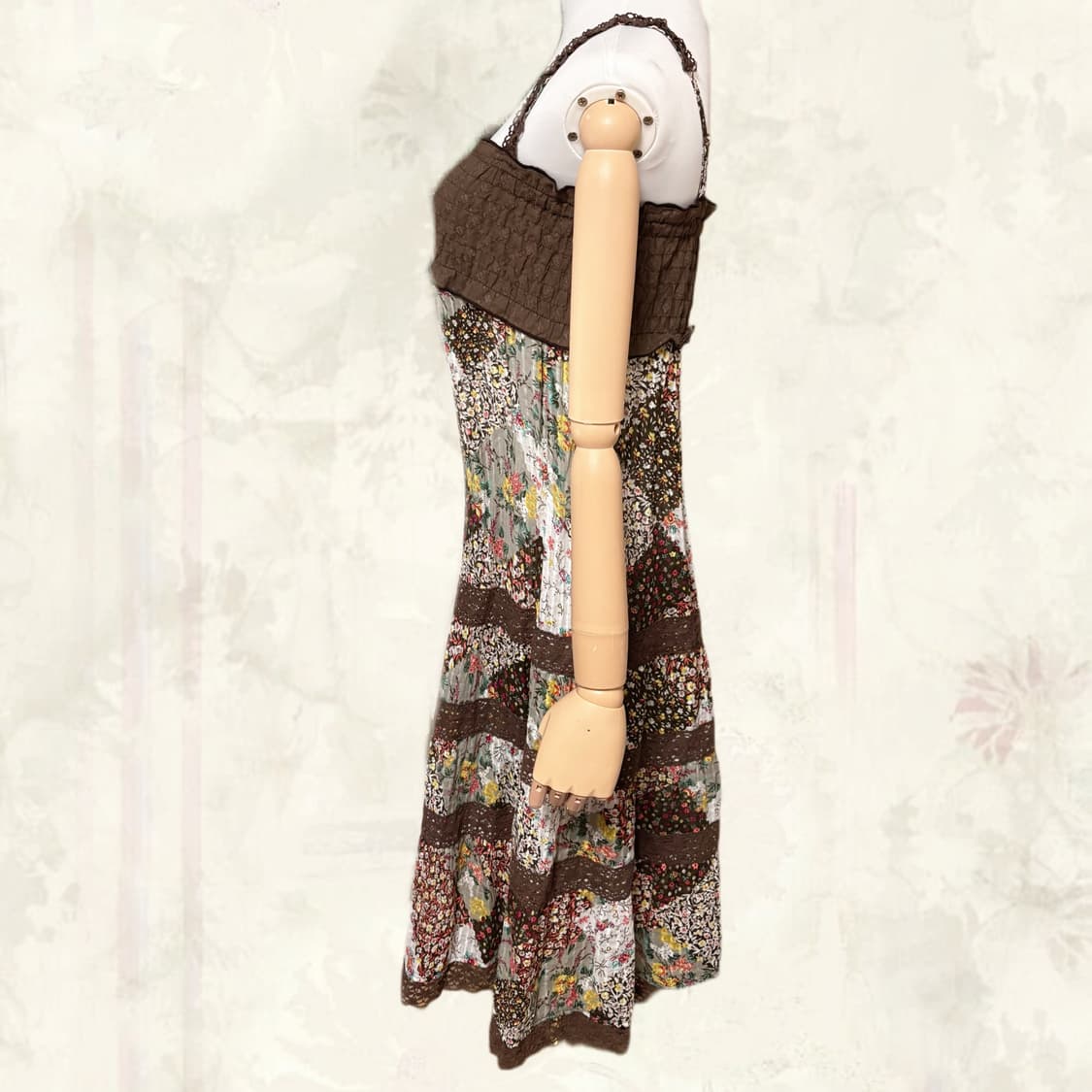 (이체시에눌) 일본 모리걸 패치워크 포인트 캉캉 레이스 브라운 원피스 상품이미지2