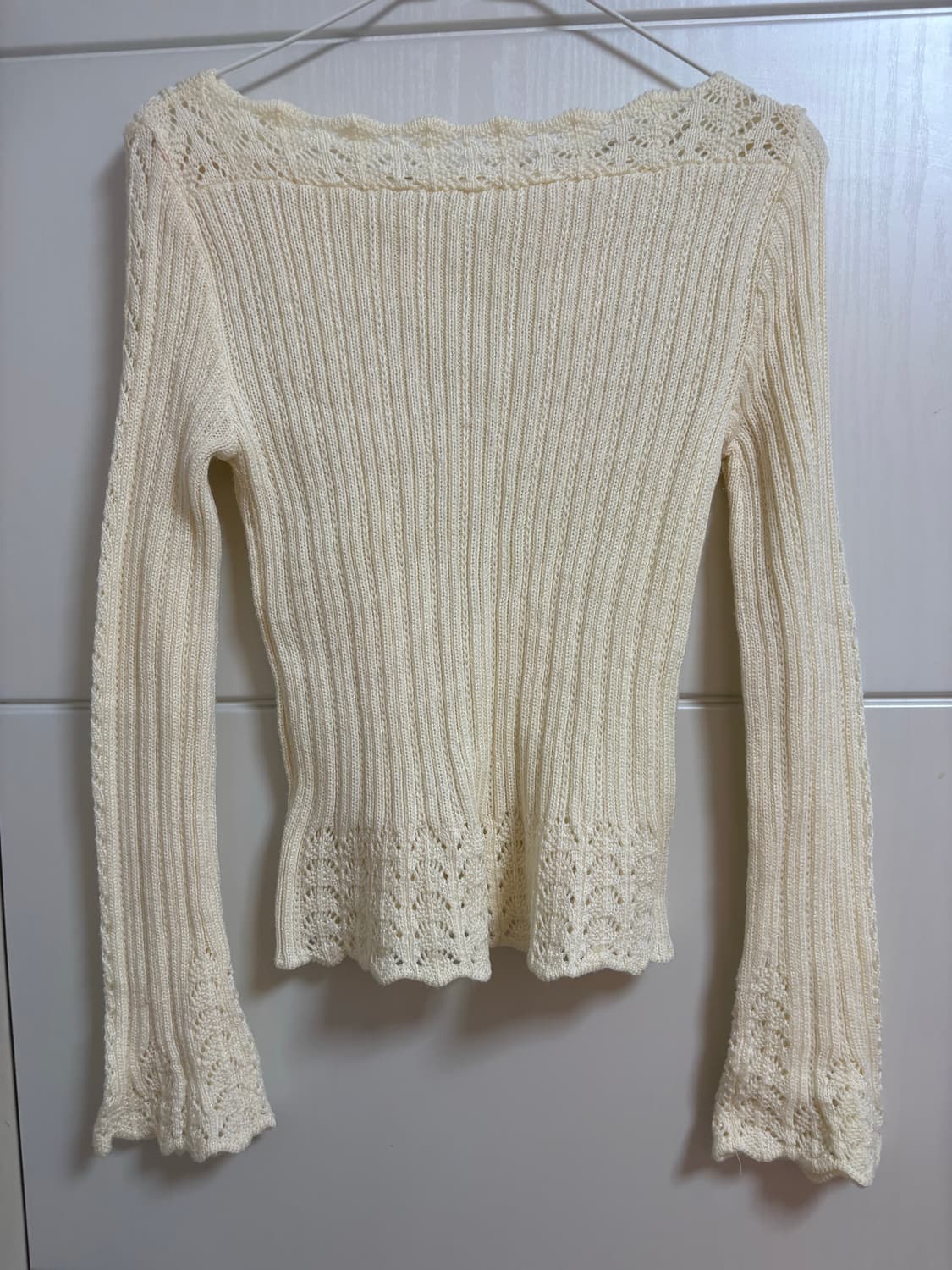 아이보리 니트 오프숄더 쉬폰 리본 포인트 상품이미지2