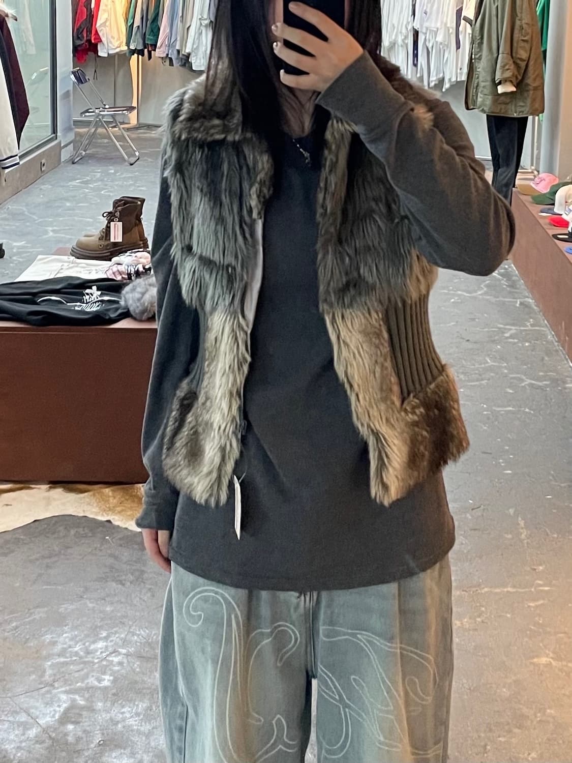 빈티지 그레이 브라운 모피 털 니트 베스트 H1716 상품이미지1