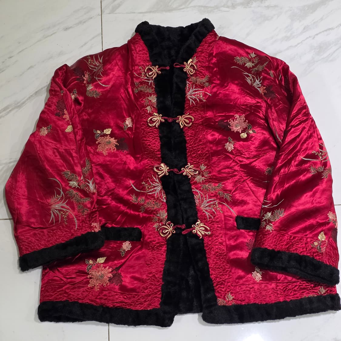 아시아빈티지)차이나풍 새틴퀼팅 블랙페이크퍼 서브컬쳐 보헤미안 전통당장재킷 상품이미지1