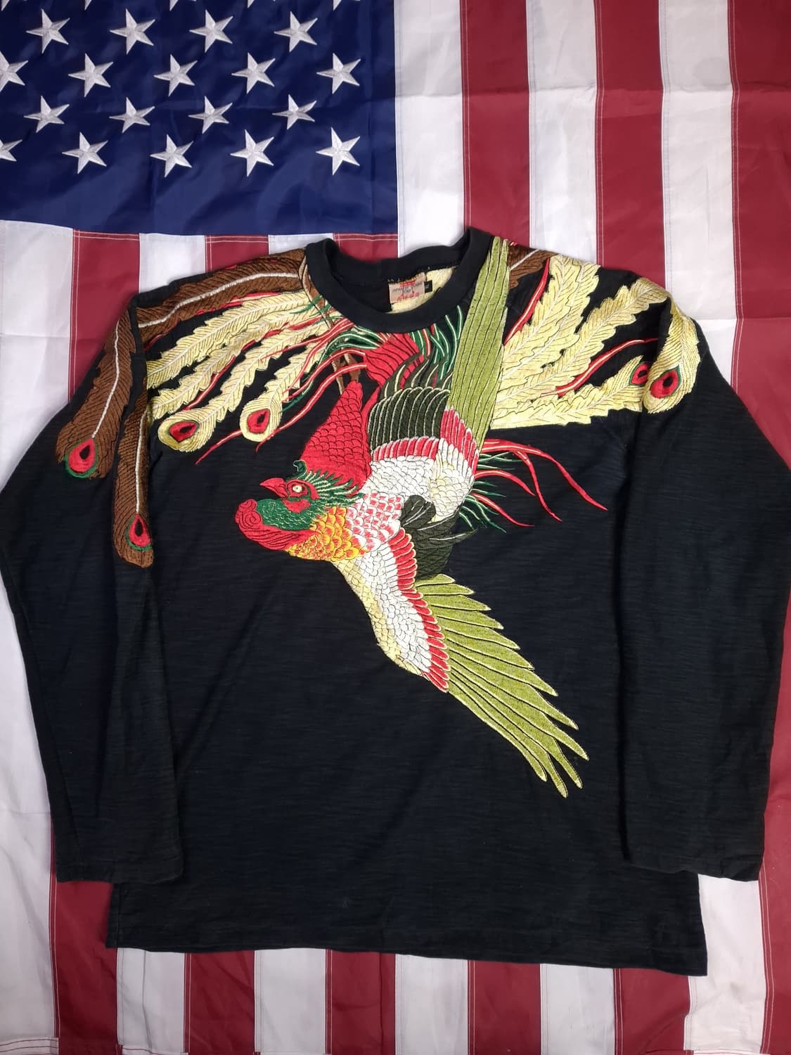 오리지날 일본판 스크립트 봉황 자수 롱 슬리브 티셔츠 상품이미지1