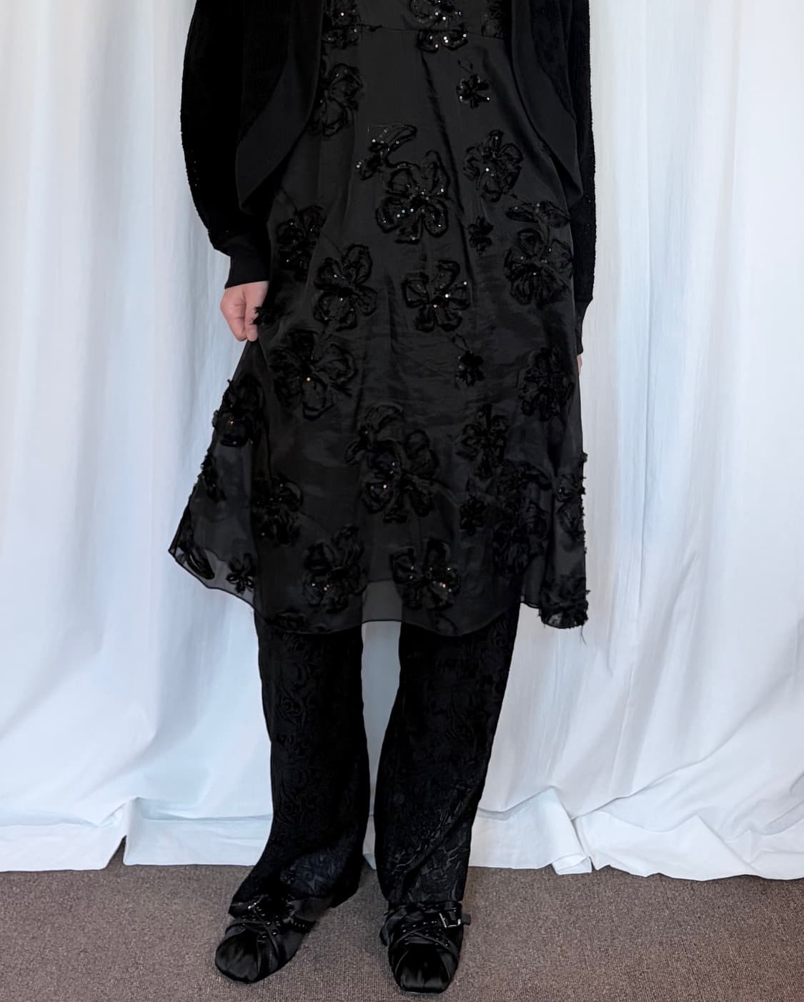 Floral Jacquard Slim Pants - Black 상품이미지1