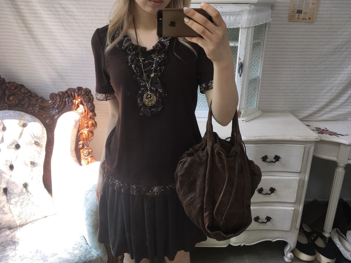 jpn vintage brown shirring frill blouse  상품이미지5