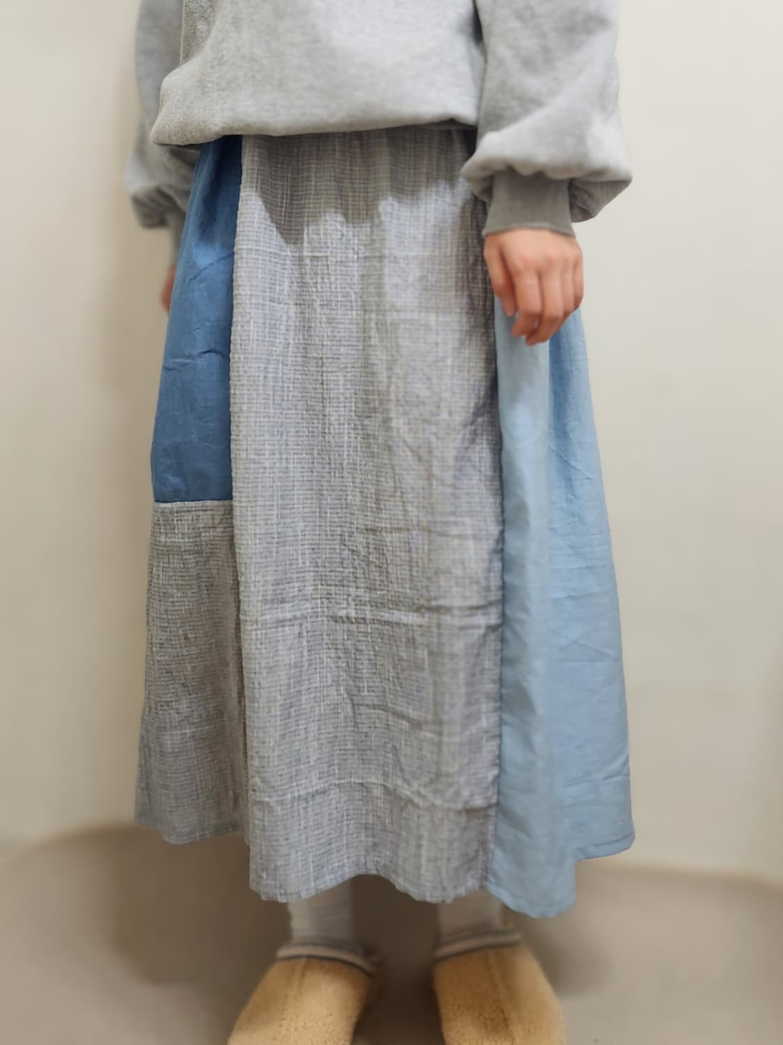 360도 양면 데님 중청 패치워크 롱스커트 상품이미지1