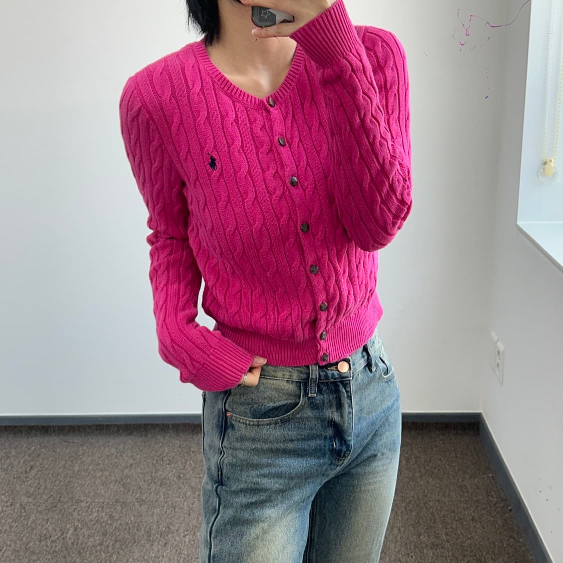 Polo 다크네이비 로고 핑크 케이블 니트 가디건 상품이미지2