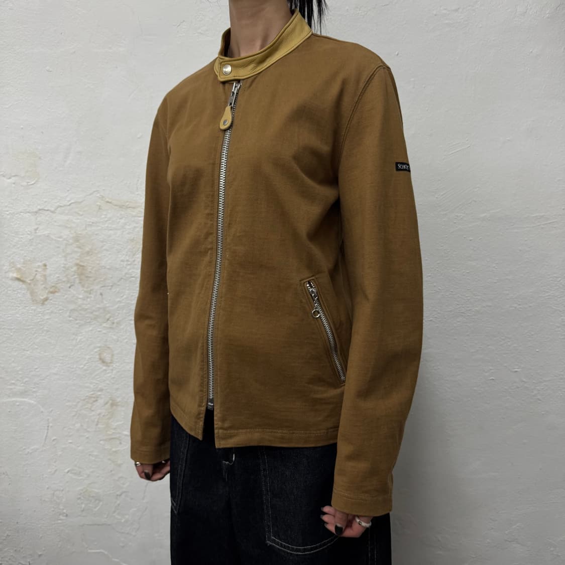 쇼트(Schott) 브라운컬러 코튼 리얼 레더 칼라넥 라이더스 자켓 상품이미지1