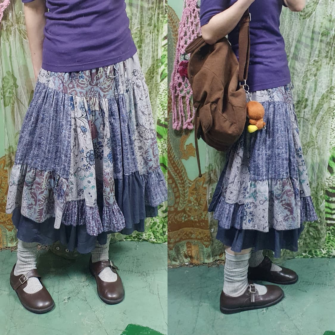 패치워크 레이어드 코튼 프릴 미디 스커트 상품이미지1