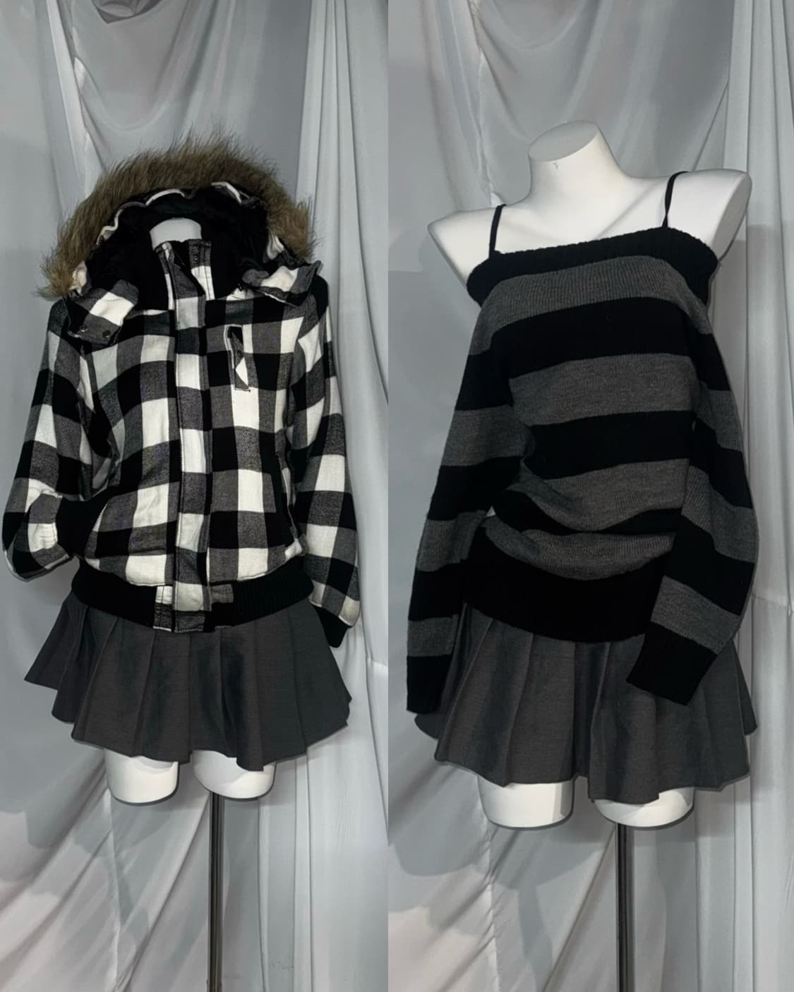 무채색 데일리 니혼진 체크 패딩 스트라이프 오픈숄더니트 코디세트 상품이미지1