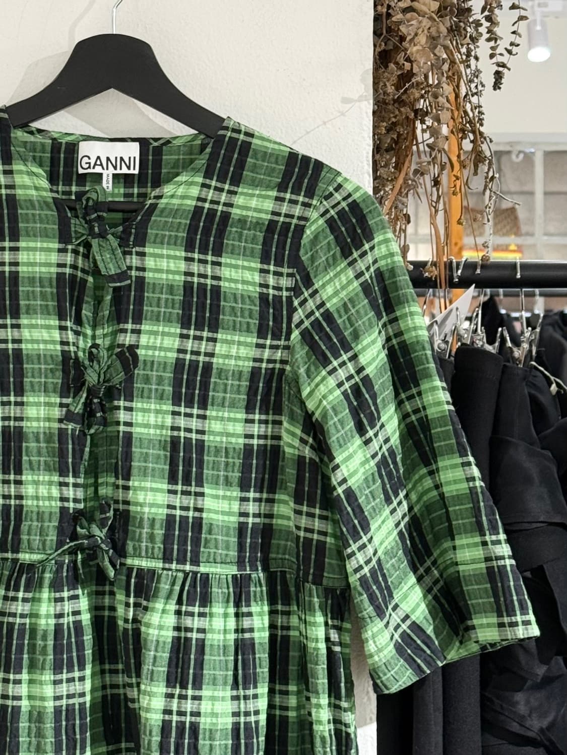 가니 그린 체크 리본 코튼 미니 드레스 상품이미지3