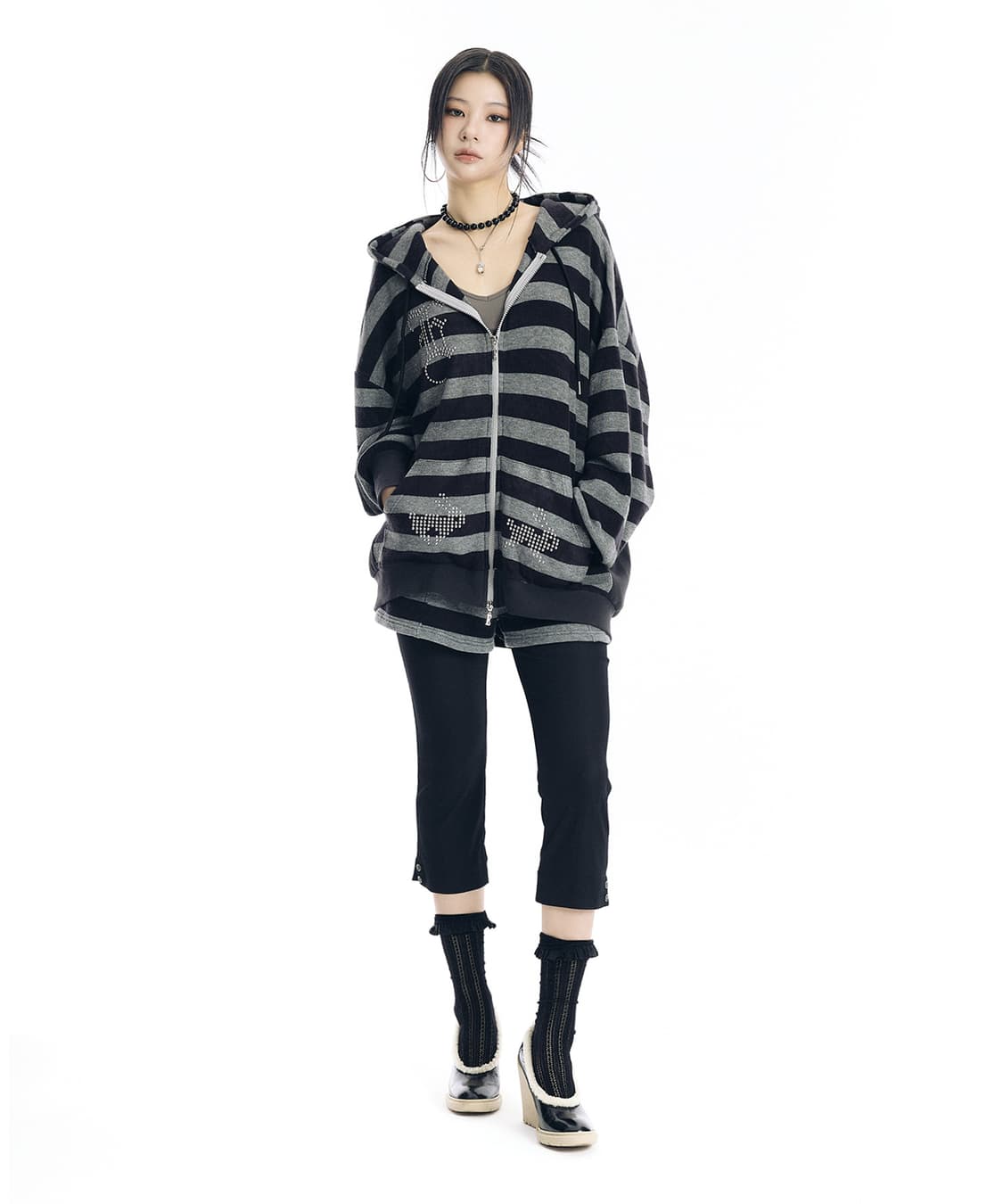 에세이 하루 후디 스트라이프 후드 집업 지뢰계 펑크 시즈니룩 상품이미지2