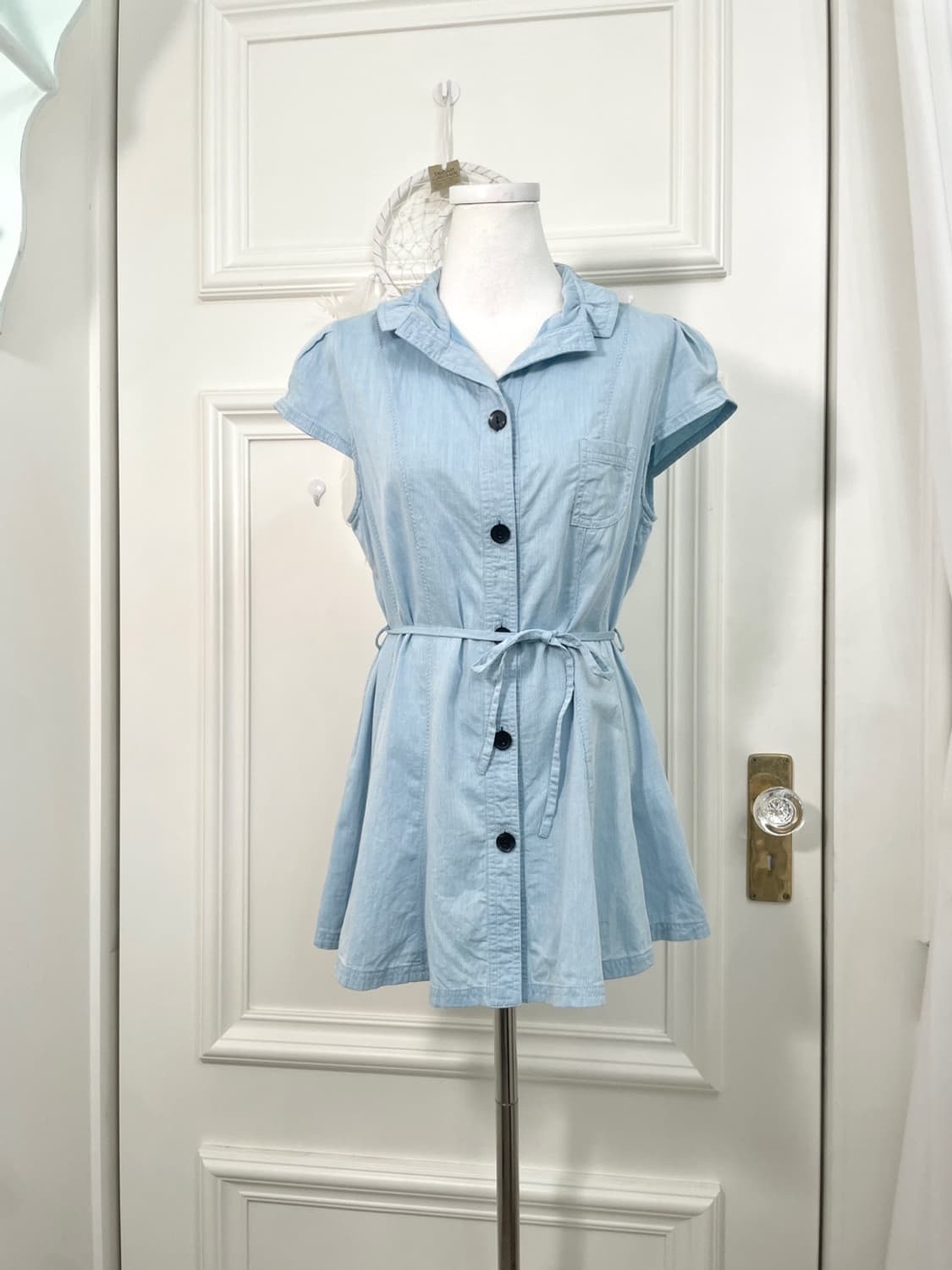 sky blue puff sleeve cotton belt mini op 상품이미지1