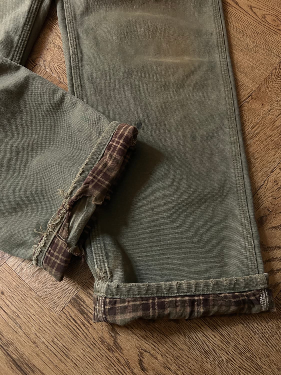 [34]칼하트 USA 체크라이닝 데미지드 모스그린 싱글니 카펜터 워크팬츠 상품이미지6