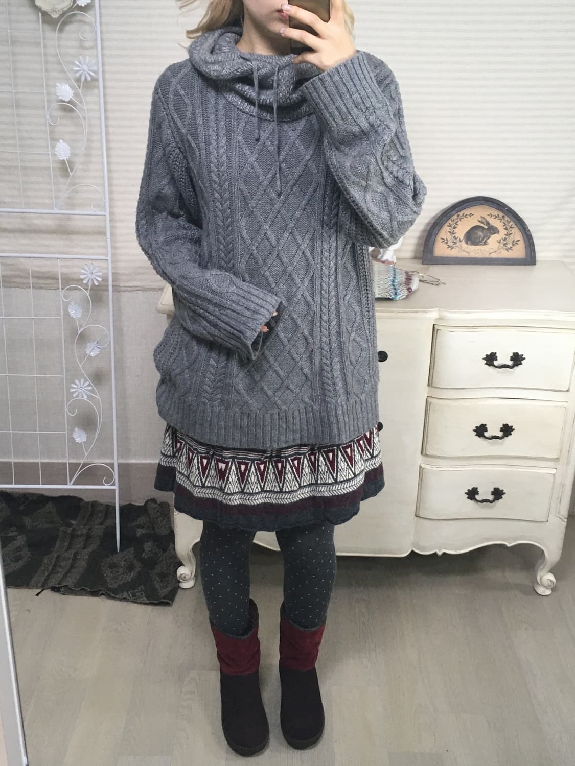 일본빈티지 챠콜 노르딕 버건디 니트 스커트 상품이미지3