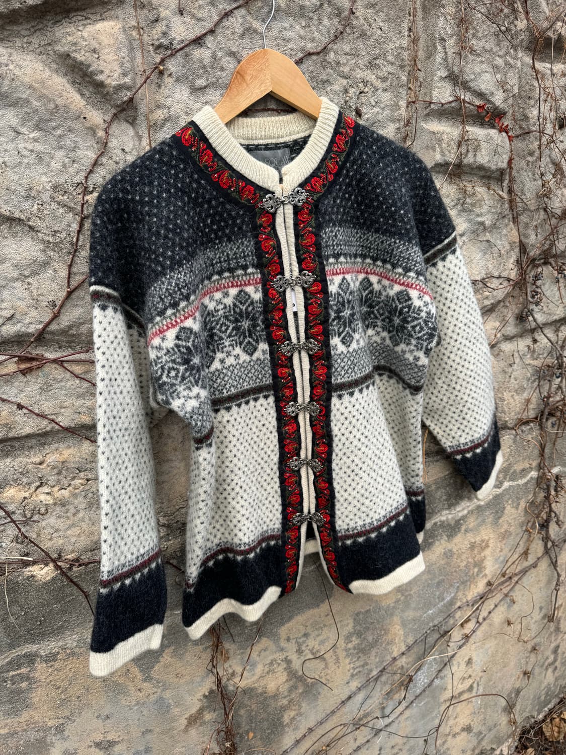 80s 스쿼 밸리 노르딕 패턴 빈티지 후크 울 니트 가디건 L 상품이미지3