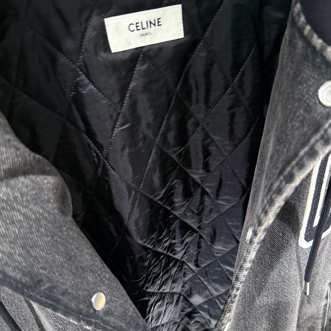 (S+ / L) / 셀린느 블랙 레더 데님 테디 후드 바시티 자켓 상품이미지6