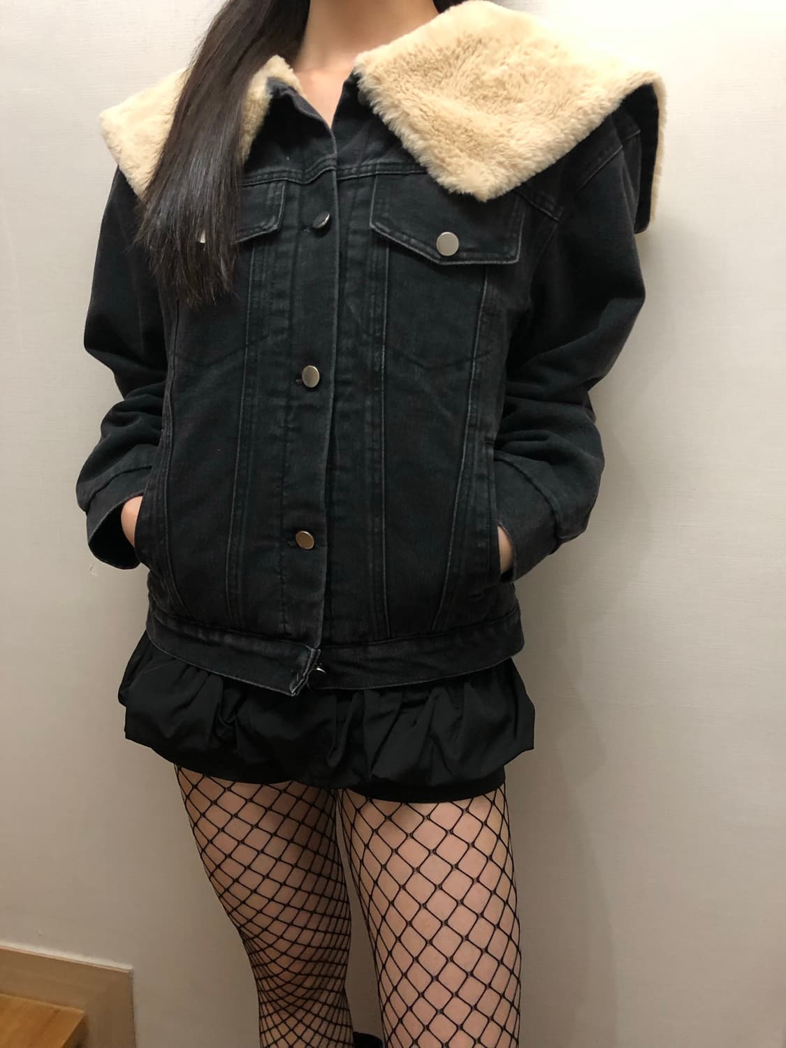 빈티지 블랙 데님 퍼 카라 자켓 상품이미지5