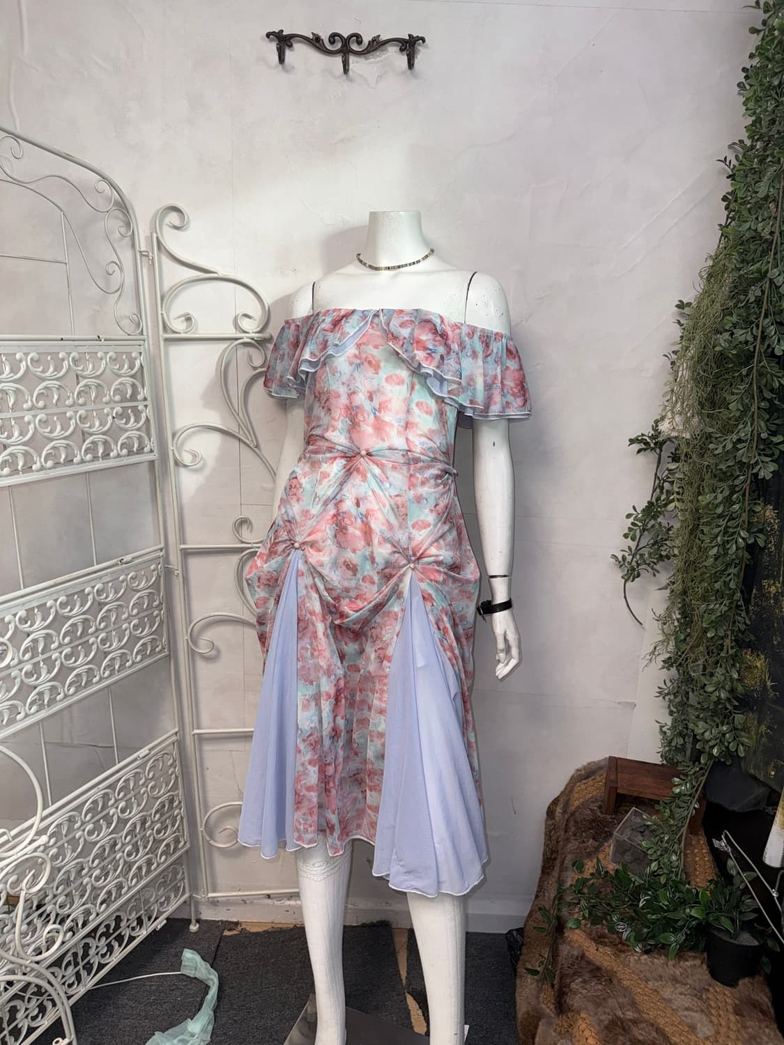 Pink blue floral shirring 오프숄더 ops 상품이미지1
