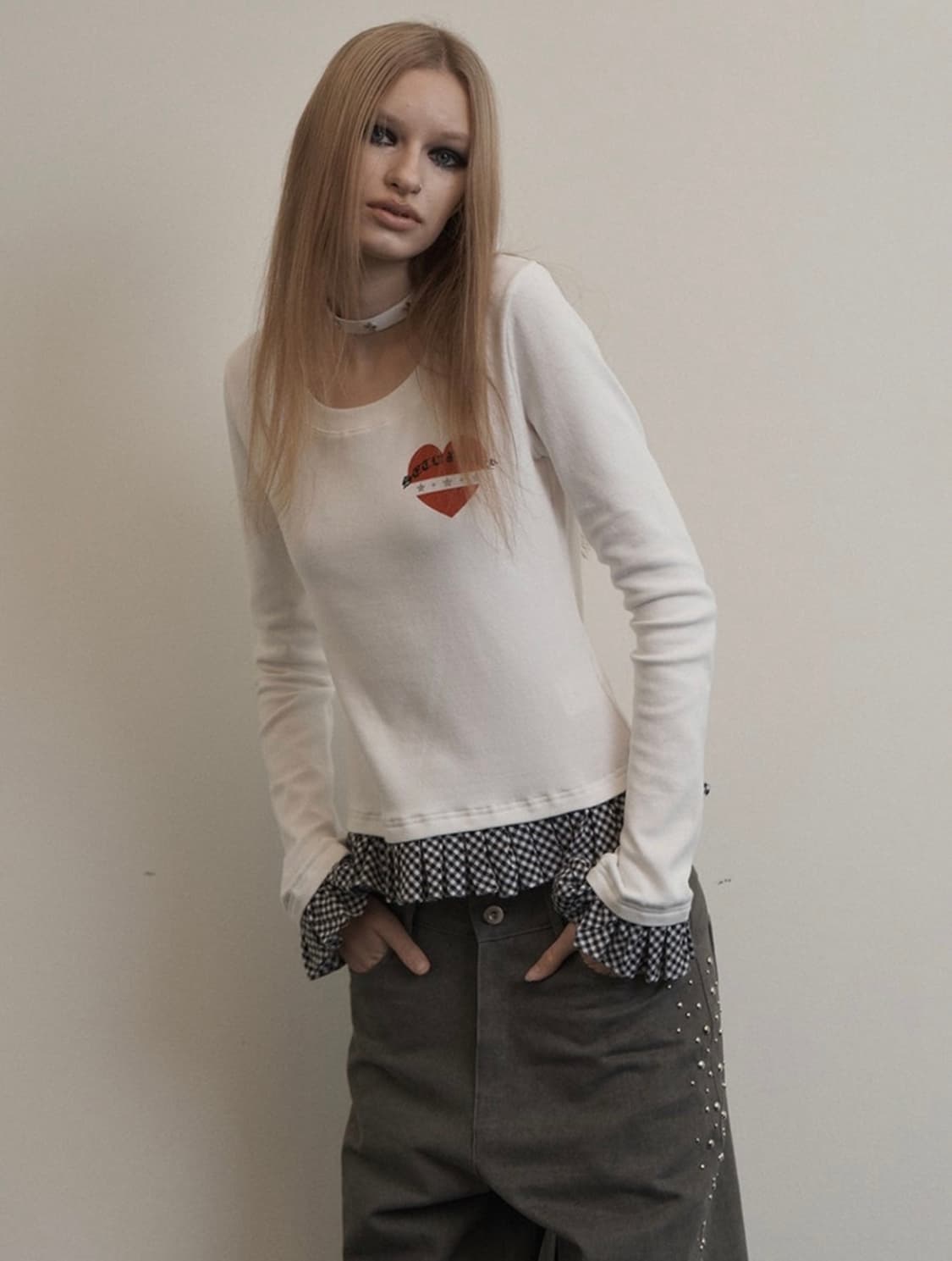 셋업이엑스 체크 프릴 탑 (민경착용 상품이미지1